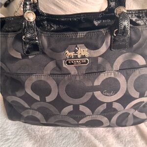 Coach Black and Gray Shoulder Bag with Distinctive Pattern and Shiny Handles